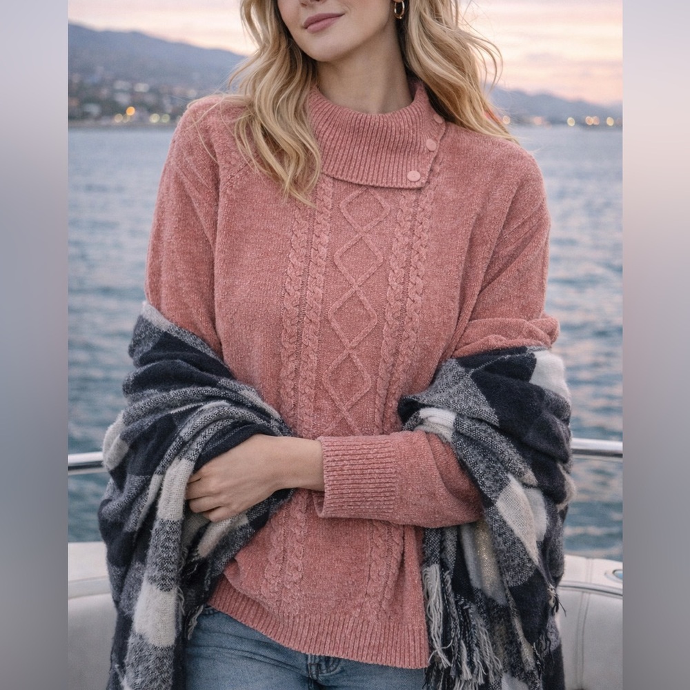 Vintage 90s Alia Soft Pink Cable Knit Sweater Petite Medium Cottagecore Cozy